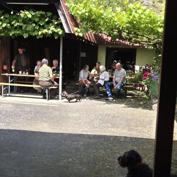 Ein schwarzer Hund liegt entspannt im Schatten auf einer gepflasterten Fläche. Im Hintergrund sitzen Menschen unter einem Laubengang vor einem Holzhäuschen und unterhalten sich. Ein Dackel spaziert vorbei.